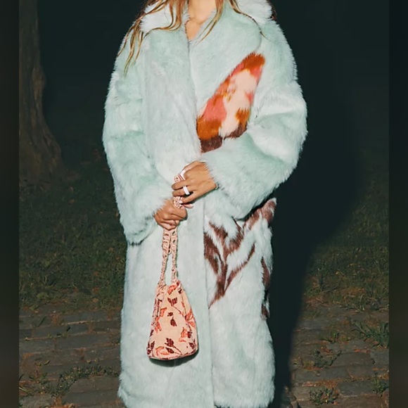 Free People Fluffy Flower Fur Long Duster Whimsical Pretty Coat L - Picture 2 of 11